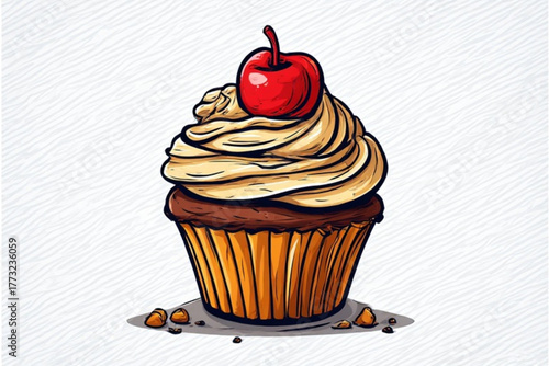 A cartoon-style illustration of a cupcake with frosting and a cherry on top, sitting on a surface.