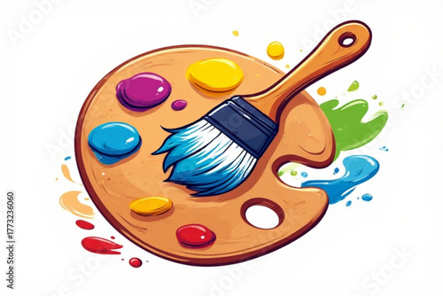 A painter's palette with various colors and a brush, surrounded by splashes of paint.
