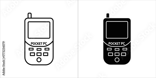 Vintage pocket pc phone in outline and solid black silhouette
