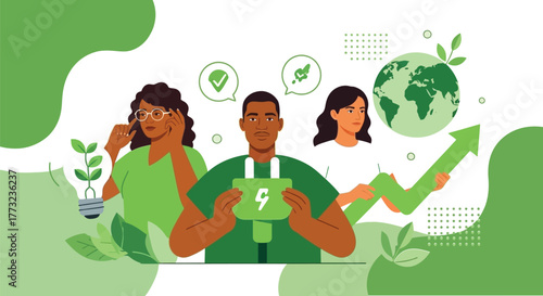 Diverse team promoting green energy solutions for sustainable growth and a healthier planet, empowering environmental change with eco-friendly innovation