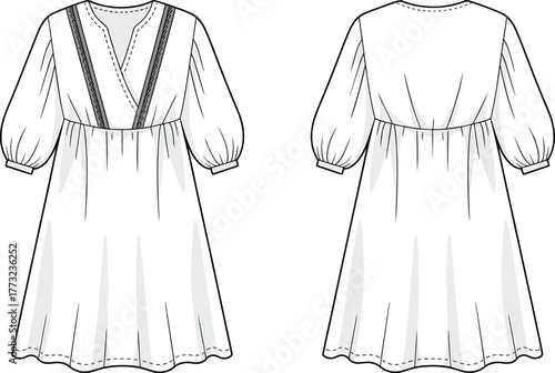 Dress, fashion template, CAD drawing, flat vector, garment sketch, puff sleeve, V‑neckline, gathered waist, apparel design, clothing illustration, technical outline Dress, fashion template