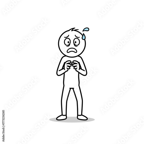 Stick figure character holding hands nervously, expressing discomfort and anxiety. Minimal emotional illustration.
