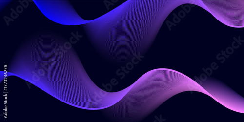 Gradient abstract waves in pink and blue shades with smooth curves and subtle contour lines on a dark blue background, symbolizing fluidity, data or sound flow.