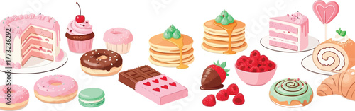 Indulge your sweet tooth with this colorful collection of delicious desserts featuring cakes, donuts, pancakes, and chocolates for a delightful treat
