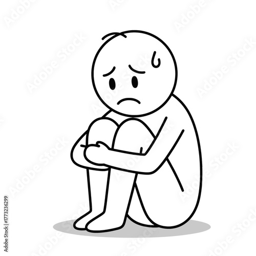 Sitting stick figure hugging knees expressing sadness and anxiety. Emotional loneliness and stress illustration in minimalist style.