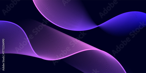 Gradient abstract waves in pink and blue shades with smooth curves and subtle contour lines on a dark blue background, symbolizing fluidity, data or sound flow.