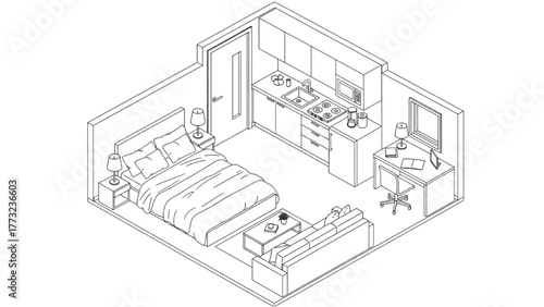 High-Quality Black Line Art of Open Studio Apartment Layout, Isometric Interior with Bed, Sofa, Kitchen, and Workspace