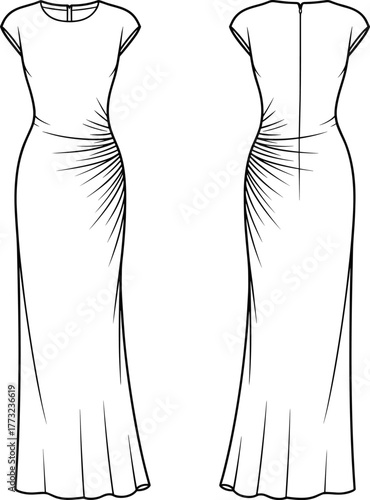 Elegant long dress fashion template, CAD garment drawing, flat vector illustration, ruched waist design, cap sleeve sketch, floor length gown outline