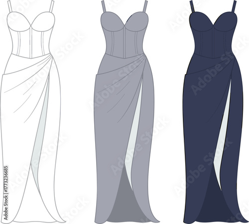 Evening gown design, draped skirt fashion illustration, CAD garment template, flat vector drawing, high slit detail, structured bodice, elegant style