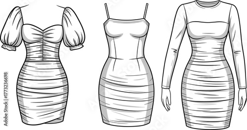 Elegant fashion dress collection, trendy women’s bodycon outfits, puff sleeve, spaghetti strap, long sleeve styles, CAD drawing flat vector illustration