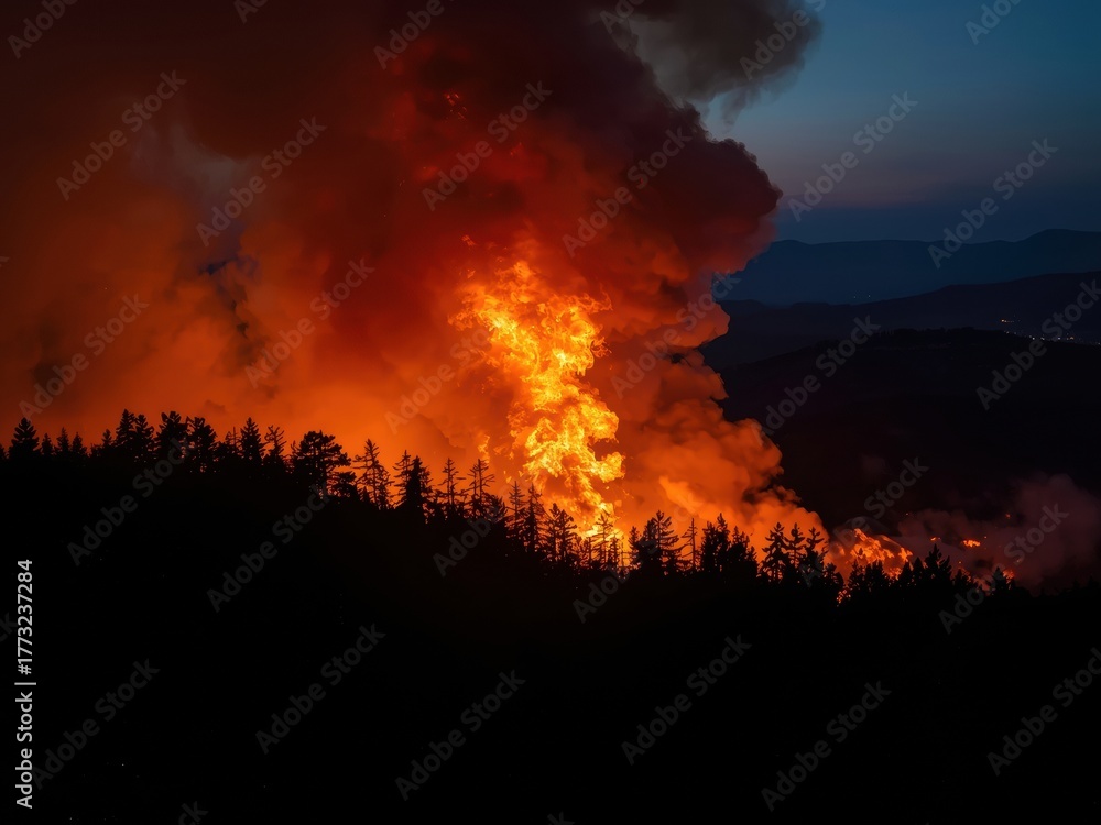 Naklejka premium Dramatic wildfire engulfs forest at dusk, creating a devastating scene of intense flames and smoke against the dark sky