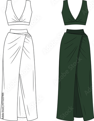 Fashion vector illustration, CAD garment drawing, sleeveless crop top, draped wrap skirt, high slit design, pleated draping, asymmetrical hem, technical template