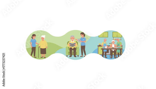 Assisted living and senior care concept with nurses reading and communal cooking