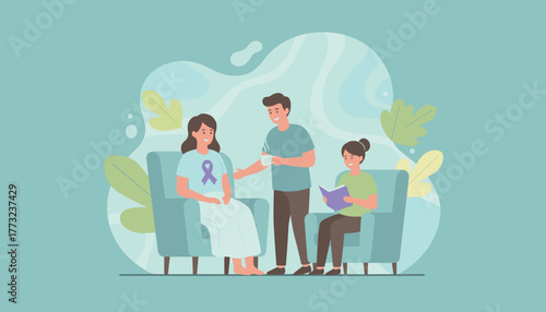 Supportive friends comforting woman with purple ribbon Health awareness and family care