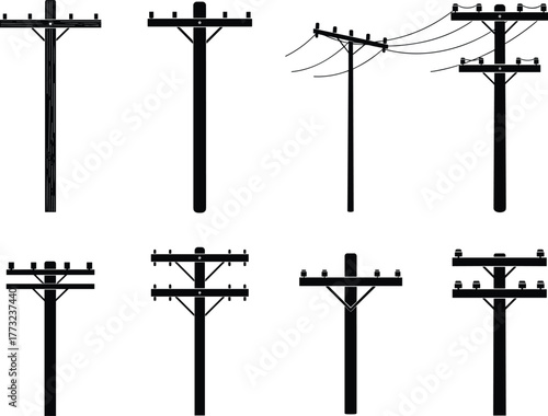 Flat vector silhouette collection of utility poles with wires, crossarms, insulators, power lines, urban infrastructure, electricity transmission, energy elements