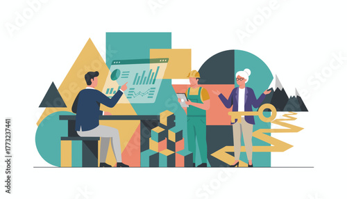 Business strategy construction planning and success key Crossindustry collaboration illustration