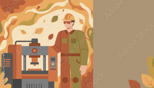 Industrial worker with hydraulic press machine against a fall season background