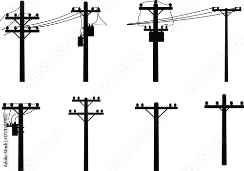 Utility pole silhouettes with transformers, insulators, crossarms, electrical wires, urban energy infrastructure, flat vector illustration for power grid and engineering