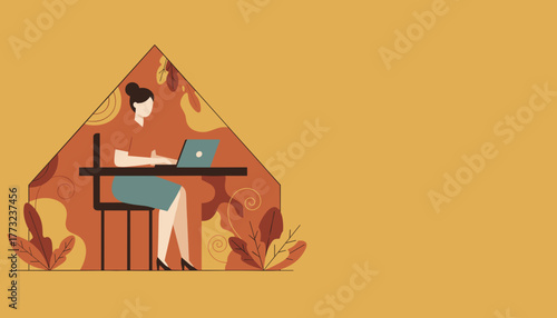 Woman working from home using a laptop inside a house outline Remote work and WFH illustration