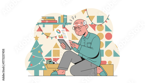 Senior man reviews data on tablet at home during holidays Technology and finance concept