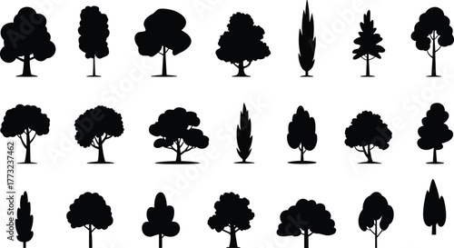 Tree silhouette collection with diverse shapes, foliage styles, natural landscape elements, flat vector illustration for forest, nature, environment, design, decor