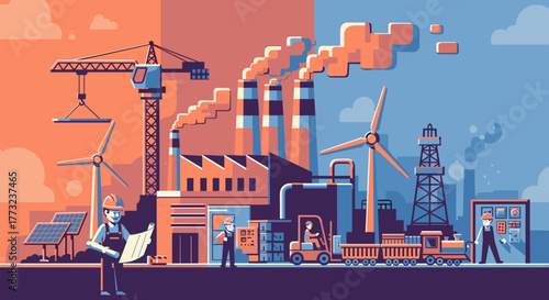 Industrial illustration construction factory renewable energy and workers managing production