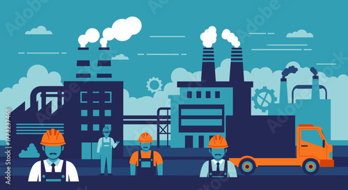 Industrial factory scene with workers and truck Manufacturing production and supply chain