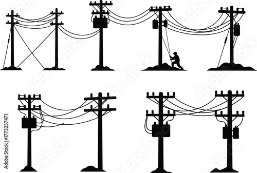 Utility pole silhouettes with transformers, support cables, maintenance worker, electrical wires, urban energy infrastructure, flat vector illustration for power grid design