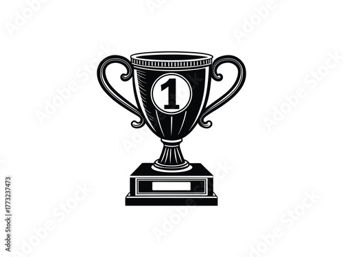 Detailed black trophy cup silhouette with number 1 and ornate details Keywords: trophy, cup, award, winner