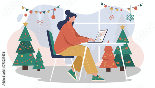 Woman working remotely on a laptop in a festive Christmasdecorated space