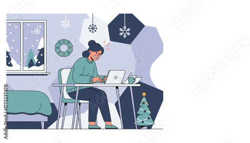 Frustrated woman working hard on her laptop during the winter holidays in a home office setting