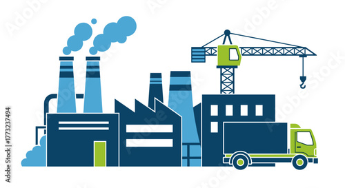Manufacturing and logistics scene factory crane smokestacks and transport truck icon