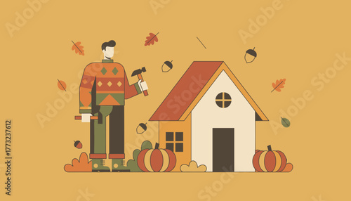 Fall home maintenance concept Man using tools for DIY repairs under autumn leaves