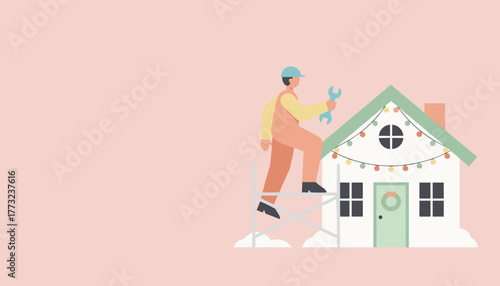 Worker installs holiday lights on house roof using scaffolding and wrench Home repair concept