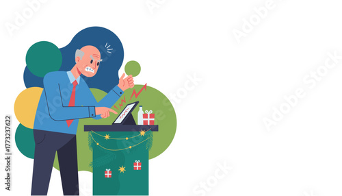 Stressed senior executive reviews positive stock market data on a tablet amidst holiday decorations