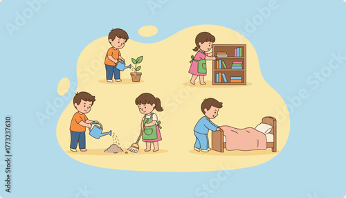Kids doing chores cleaning gardening organizing and making the bed Responsibility and helpfulness concept