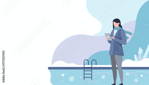 Woman in winter clothes checks tablet near an abstract frozen pool Business concept