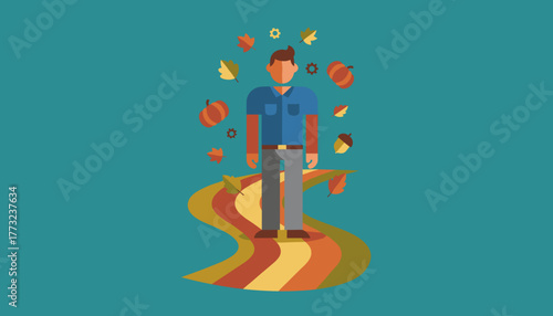 Autumn illustration Man surrounded by fall leaves pumpkins and gears on a colorful winding path