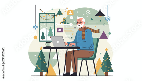 Senior man works on a laptop in a cozy holiday setting winter remote business or communication