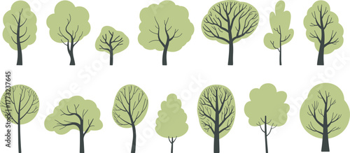 Flat vector illustration of stylized tree collection with seasonal foliage, bare branches, nature elements, forest diversity, botanical shapes, landscape design