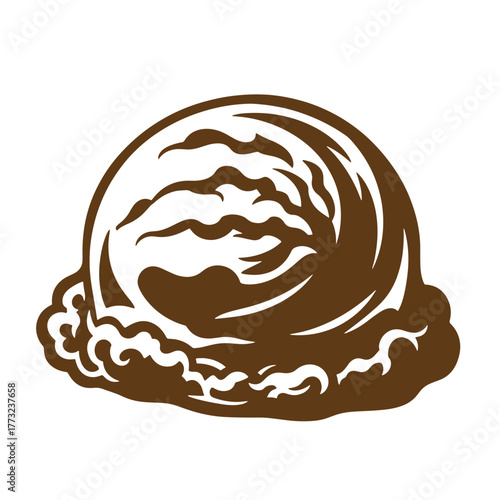 A delicious vintage art illustration of a single scoop of chocolate ice cream