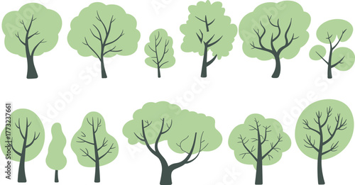 Flat vector illustration of stylized tree collection with green foliage, cartoon trunks, seasonal nature elements, forest landscape, botanical diversity