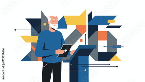 Mature professional presenting with a tablet at a podium set against abstract geometric data design