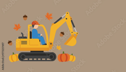 Construction worker operating excavator surrounded by autumn leaves and pumpkins Fall industry illustration