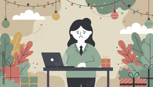 Stressed worker uses laptop at Christmas Holiday work burnout and emotional pressure illustration