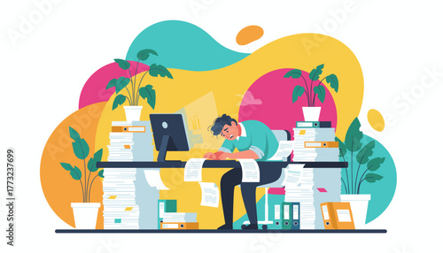 Stressed employee overwhelmed by massive paperwork stacks burnout heavy workload and administrative burden