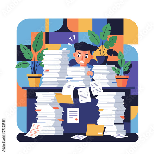 Overwhelmed office worker buried under piles of documents Work stress and excessive paperwork