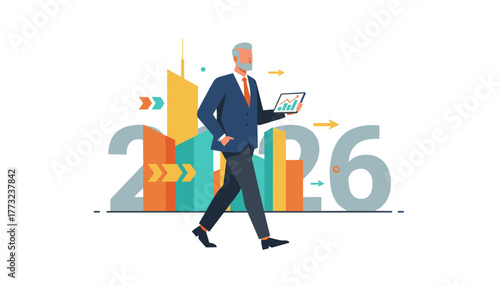 Successful businessman strides toward 2026 holding a tablet with a rising financial chart