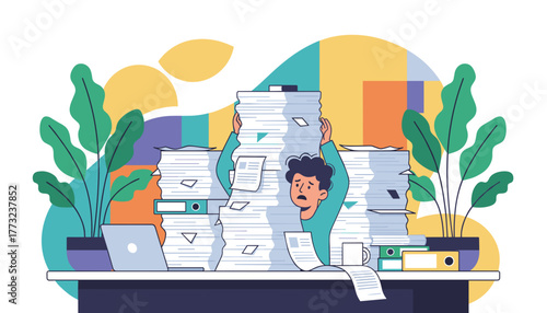 Stressed office worker buried in huge stacks of documents facing deadlines and overload