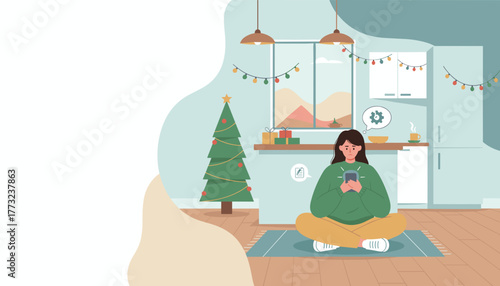 Woman using smartphone for stressful holiday planning in a cozy Christmas kitchen illustration
